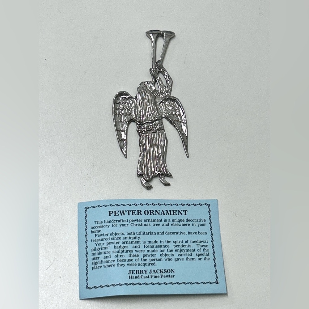 1990s Vtg Jerry Jackson Artist Signed Solid Fine Pewter Santa Trumpeting Angel